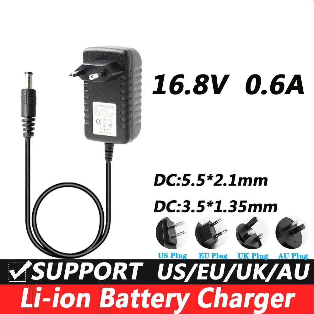 Li-ion Charger ac 110240v dc 16.8v 0.6a dc para Bateria de Lítio 18650 Pistola de Massagem 5.5×2.1 mm 3.5×1.35 mm