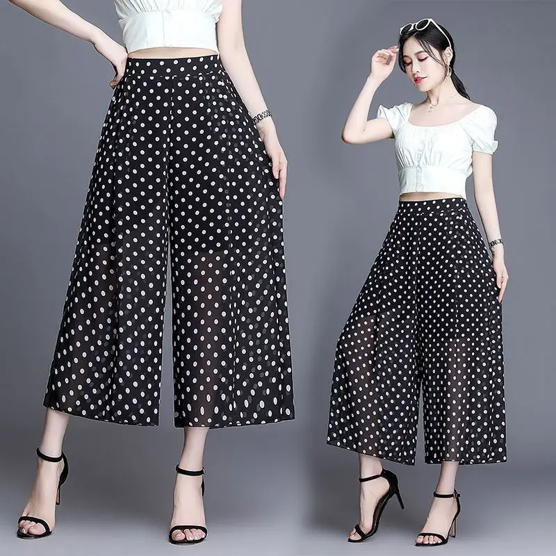 Summer Casual Womens Ankle-length Pants Dot Printed Wide Leg Stretch Waist  Female Chiffon Straight Trousers 2023