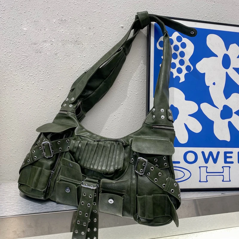 

Мотоциклетные и байкерские сумки для женщин, роскошные дизайнерские сумки и кошельки из искусственной кожи, винтажные сумки через плечо в стиле панк с несколькими карманами, 2023