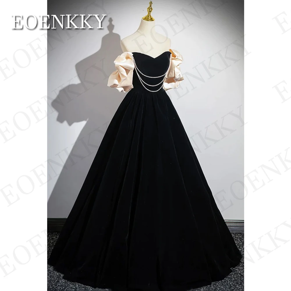 Off The Shoulder Prom Dress Princess Black Velour Korea Sweetheart Neck A Line Formal Evening Party Gown Floor Length