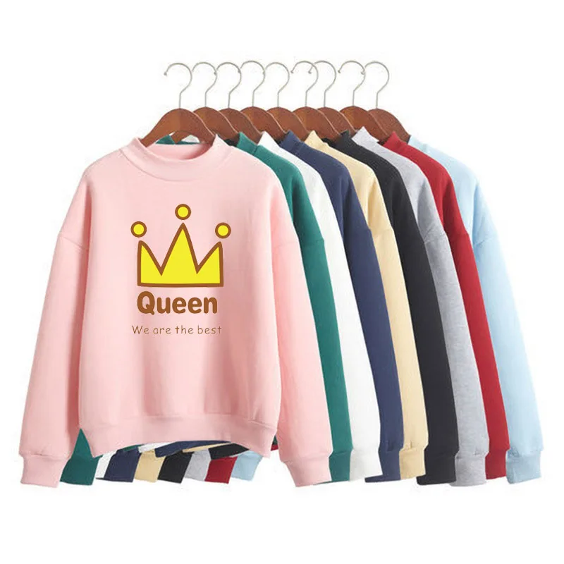 

Queen Crown Print Woman Sweatshirt Sweet Korean O-neck Knitted Pullovers Thick Autumn Winter Candy Color Couples Clothing