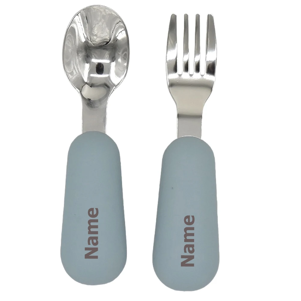 Baby Cutlery Set - Fork & Spoon - Stainless Steel with Silicone Handles - Free Name Printing - Children's Surprise Gift