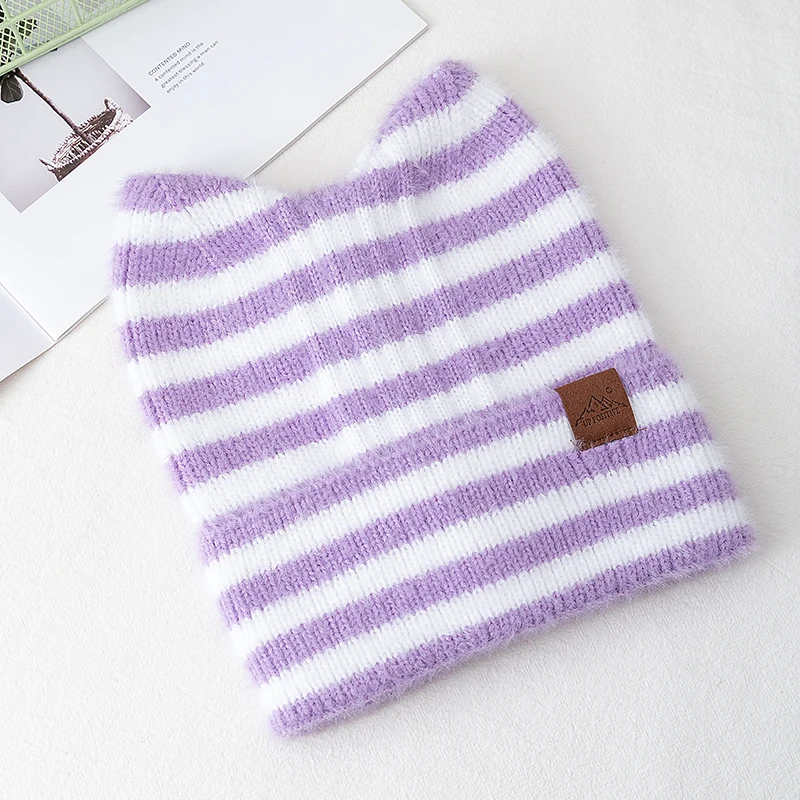 Lovely Hat Cute Cat Ear Beanie Cap Winter Hats For Women Y2K All Stripes Fashion Outdoor Warm Hat Beanie Warm Cap For Girl Gift