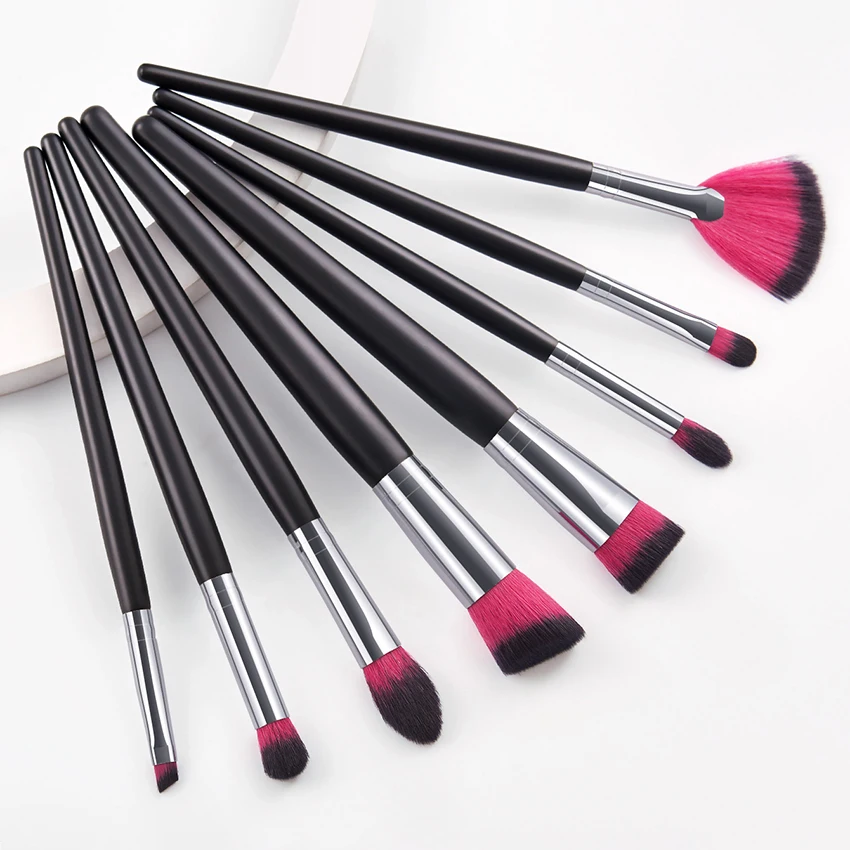 

SAIANTTH 8pcs Black silver classic Makeup Brushes set double color nylon bristle small fan foundation blush eyeshadow eyebrow