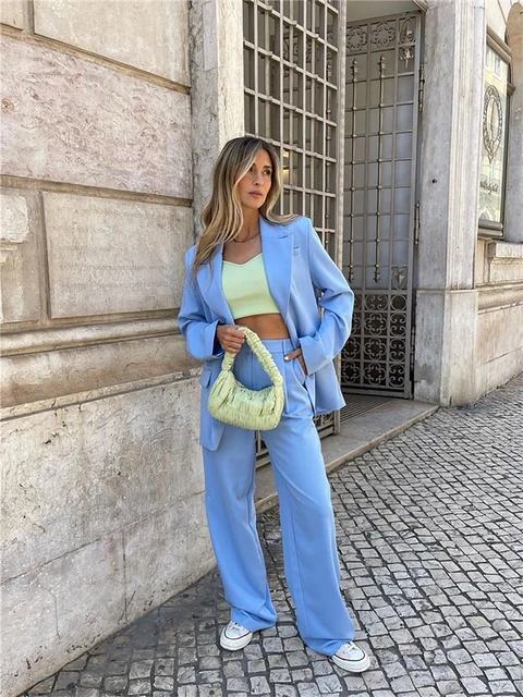 Sexy Casual Women Suit Set Blazer+Pants Light Blue Fashion Oversize Hot  Girl Coat Prom