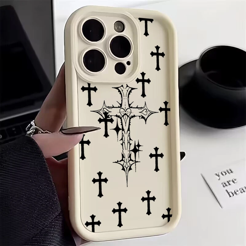 thumbnail image 1 of Funda de teléfono con estampado de Cruz Negra de lujo para iPhone 16, 15, 14, 13, 12, 11 Pro Max, Mini, XR, XS, 7, 8 Plus, SE2, Funda suave a prueba de golpes, 1 of 5