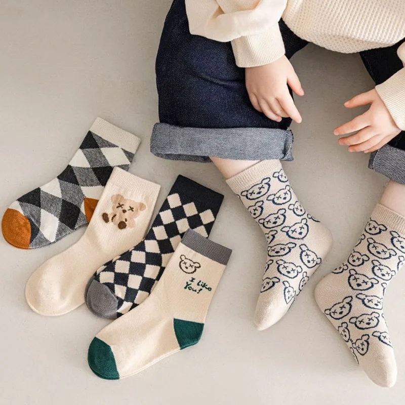 5Pairs/Lot Cute Bear Plaid Baby Socks Spring Autumn Soft Cotton Kids Middle Tube Socks For Boys Girls Casual Sports Sock 2
