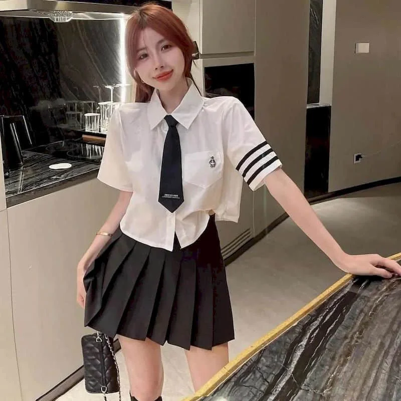 JK 유니폼 일본 한국 스타일 정장 드레스 여성, 프레피 스타일 화이트 반팔 셔츠, 하이웨이스트 플리츠 스커트 세트, 여름