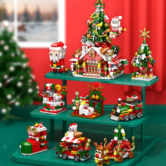 8in1 Christmas Tree Elk Deer Santa Claus Train Decorations Architecture Store Street View Xmas Snow House Building Block Kit Toy 2