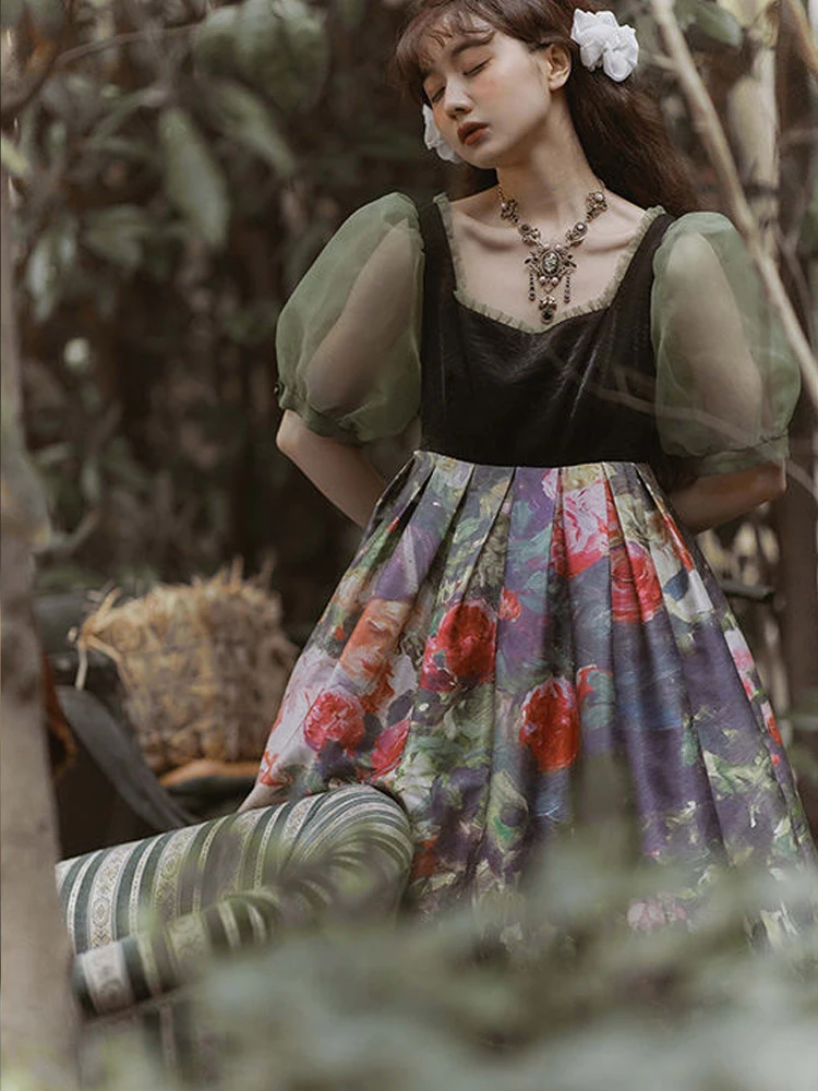 

MAGOGO Retro Lolita Dress For Soft Sisters Fashion Short Puff Sleeve OP Dress Sweet Girl Rose Dress New HOT SALE