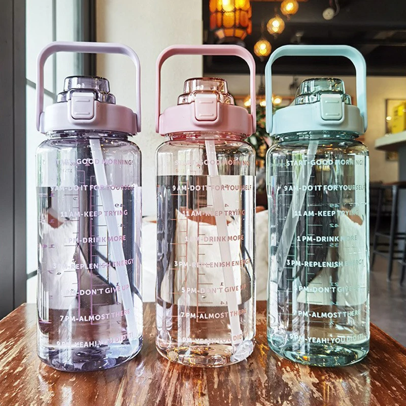 

Portable 2 Liter Water Bottle with Straw Travel Bottle Fitness Bike Cup With Scale And Time Marker Heat-resistant Water Jug