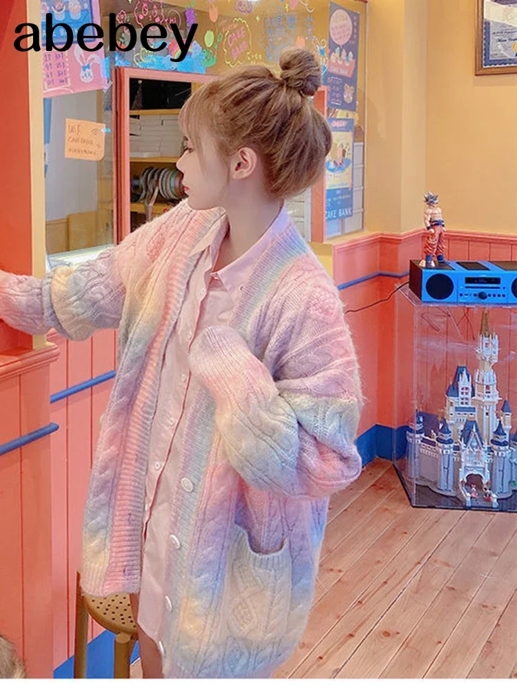 여성용 레인보우 니트 가디건, 귀여운 카와이 스웨터 코트, 긴 한국 버튼 다운 가디건, 가을, 겨울, 2023