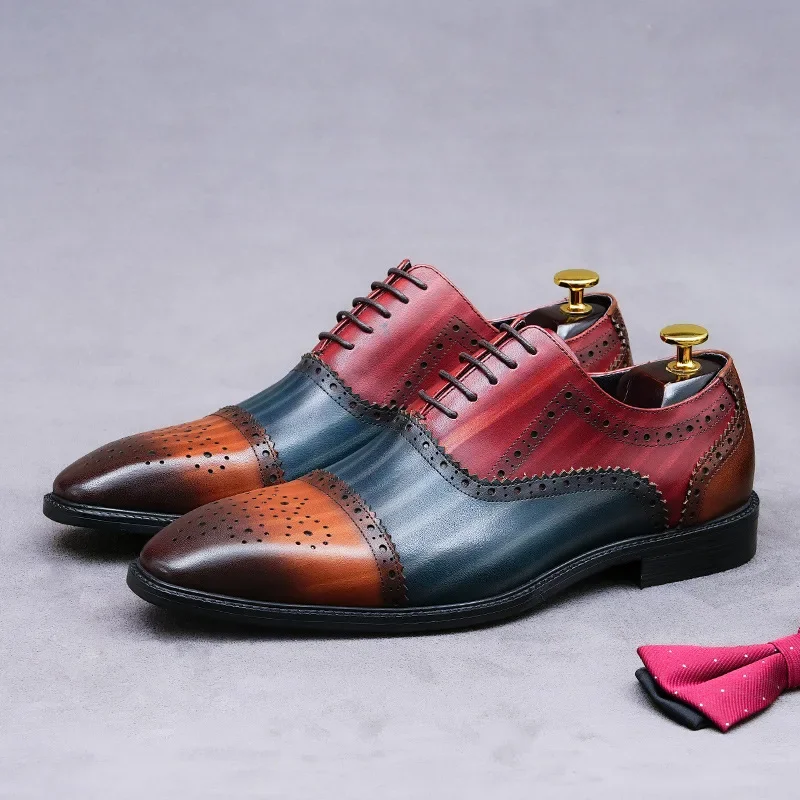 

Retro Mens Dress Brogues Shoes Luxury Genuine Leather Designer Pointed Toe Handmade Mixed Color Wedding Social Shoes Man Size 46