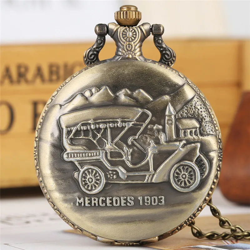 

Bronze 3D Carving Car Design Men Women Retro Pocket Watch Quartz Movement Arabic Numeral with Fob Necklace Chain Reloj Gifts