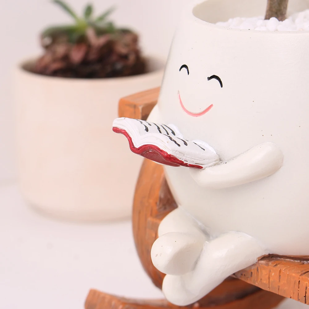 Smile Face Flower Pot Creative Cute Head Planter Decorative Flower Pot Rocking Chair Coffee/Bench Reading Succulent Resin Pots
