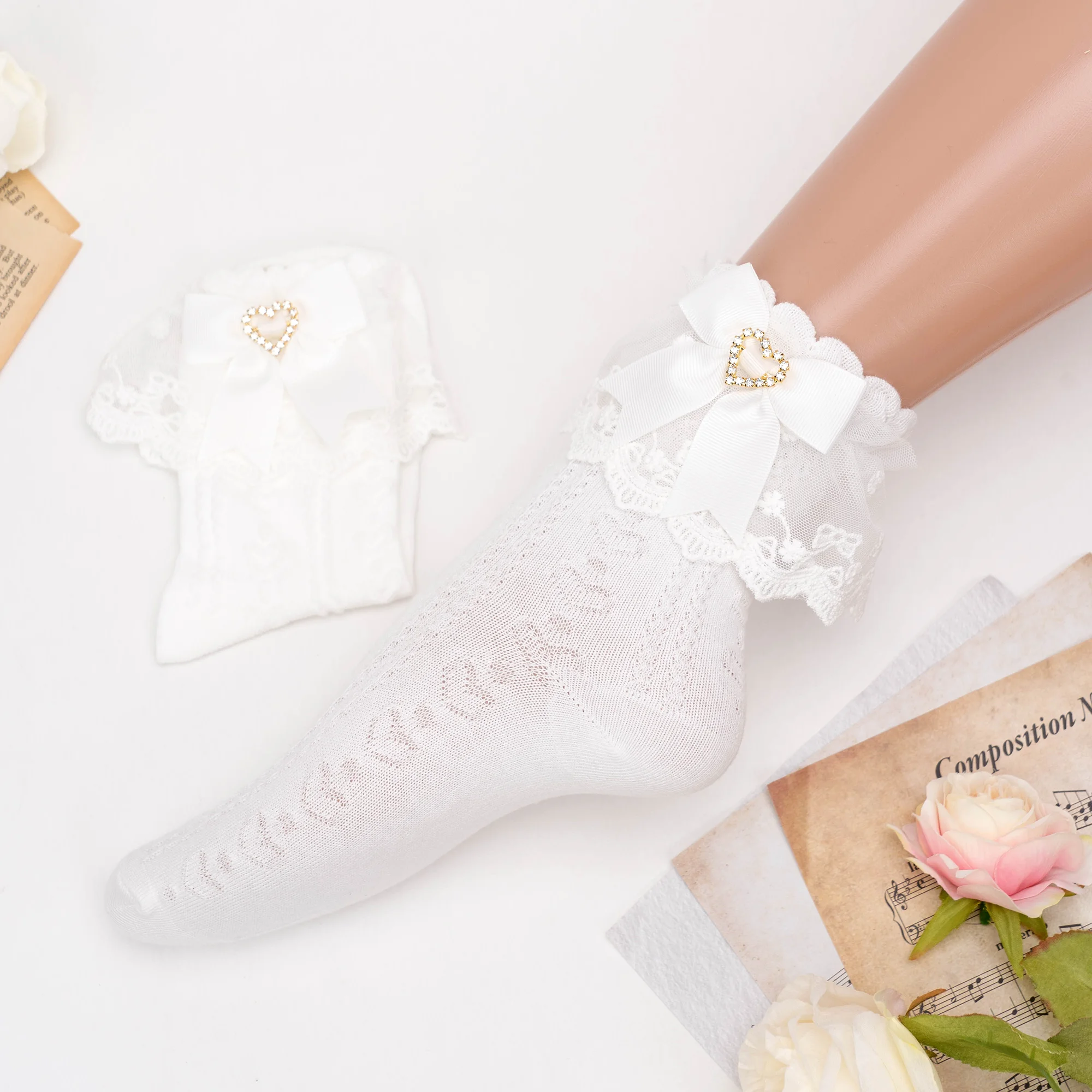 Japanese Style Ruffles Cotton Sock Mine Series Mass-Produced JK Lovely Heart-Shaped Sweet Bow Socks Lolita White Socks for Girl