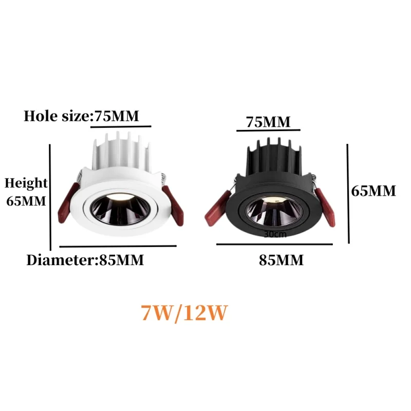 둥근 디밍 가능 눈부심 방지 LED 매입형 다운라이트 7W/12W LED 천장 스포트라이트 각도 조절 가능 스포트라이트 홈 조명