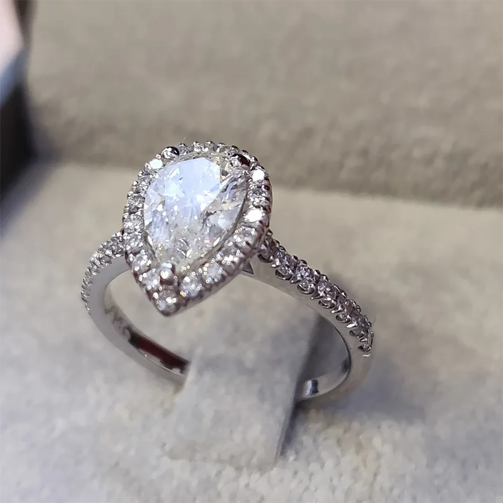 Anello Donna In Argento Sterling 925 Con Zirconia – Design Halo A Goccia – Set Fidanzamento/Matrimonio - 4