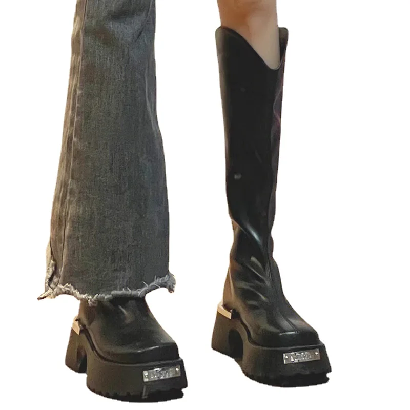 Ladies Shoes on Sale 2023 Fashion Sleeve Women's Boots Winter Square Toe Solid Tall Barrel Platform Chunky Heel Fashion Boots