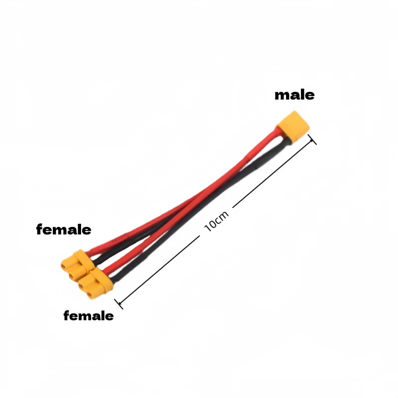 Câble adaptateur parallèle XT30 16AWG silicone, connecteur femelle à deux mâles, fil noir et rouge.