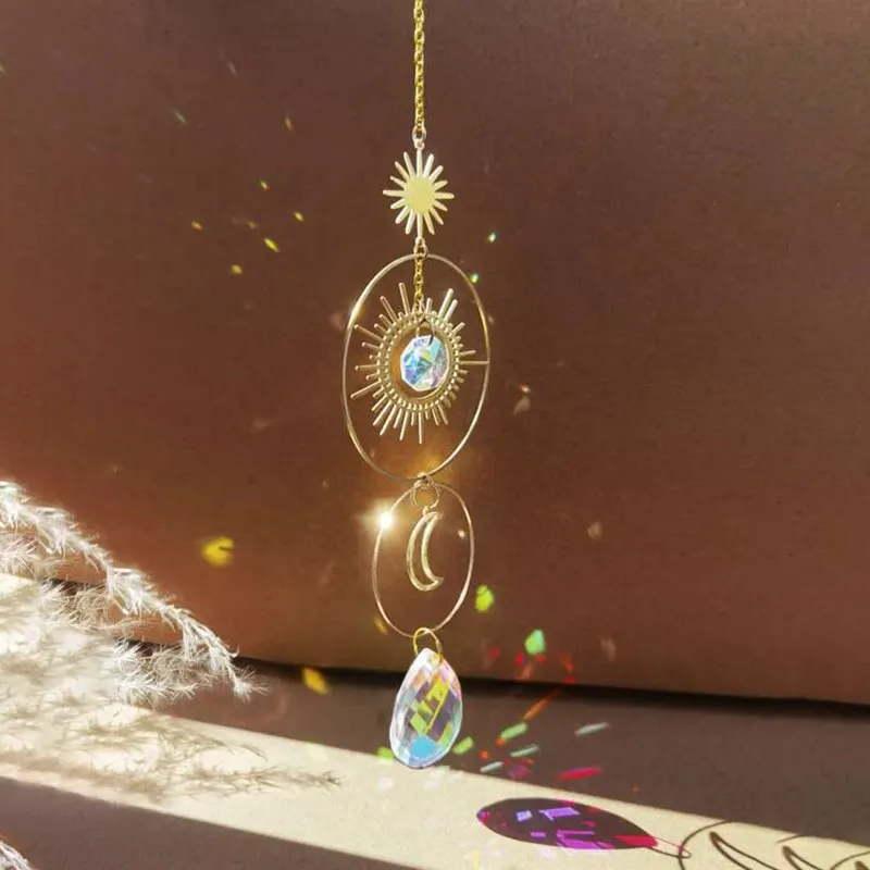 Crystal Wind Chimes with Star and Moon Sun Prism Ball Garden Decoration Piece