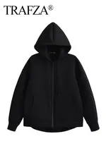 TRAFZA Hiver Nouveau Femmes Zipper Hoodie Manteau High Street Double Poches Jakcet Oversize Loose Sweatshirts Outerwear Top 3