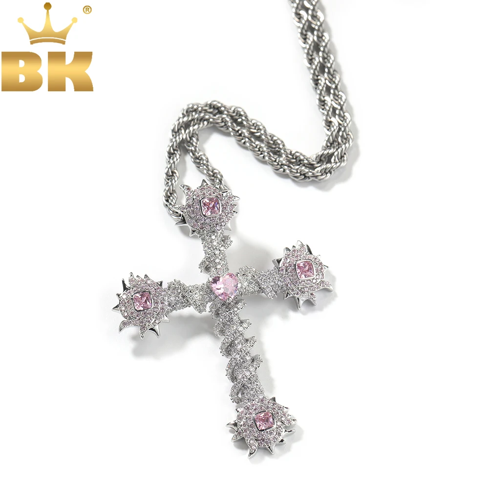 

TBTK Spiny Cross Pendant Necklace Iced Out Pink Heart Cubic Zirconia Choker Hihop Jewelry For Girls Women Gift