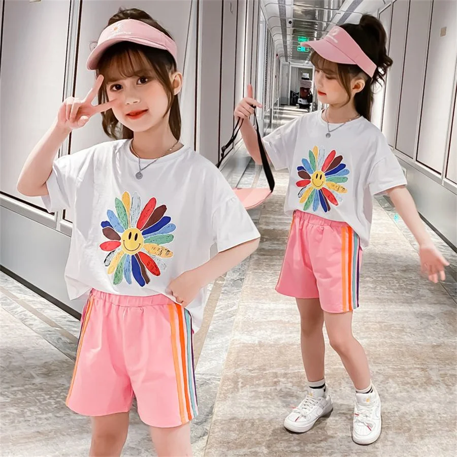 

Children Short Sleeve Top +shorts 2pc Girls Summer Suit Teen Sportswear Girls Clothes Sets Boutique Kids Clothing tracksuit