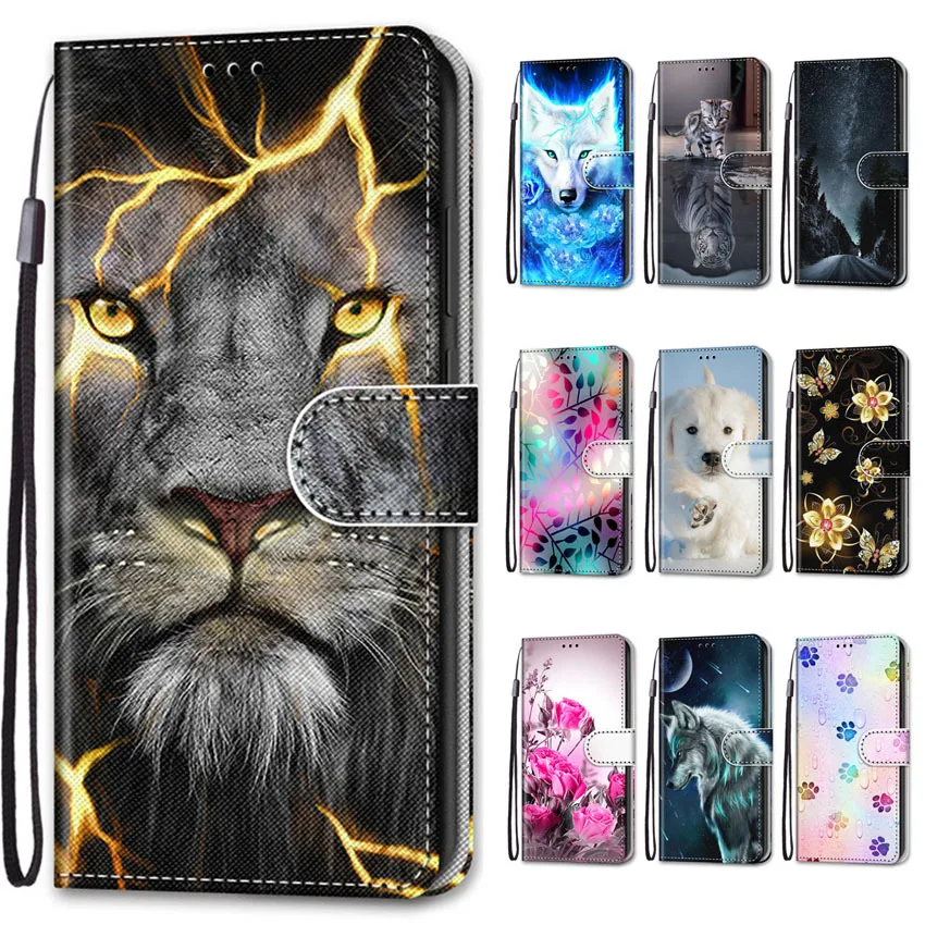 Painted Leather Case For Redmi Note 8 8T 9 9S 10 10S 11 11S 12 12S 13 Pro Plus 4G 5G Wild Rose Lion Wolf Cat Dog Cover