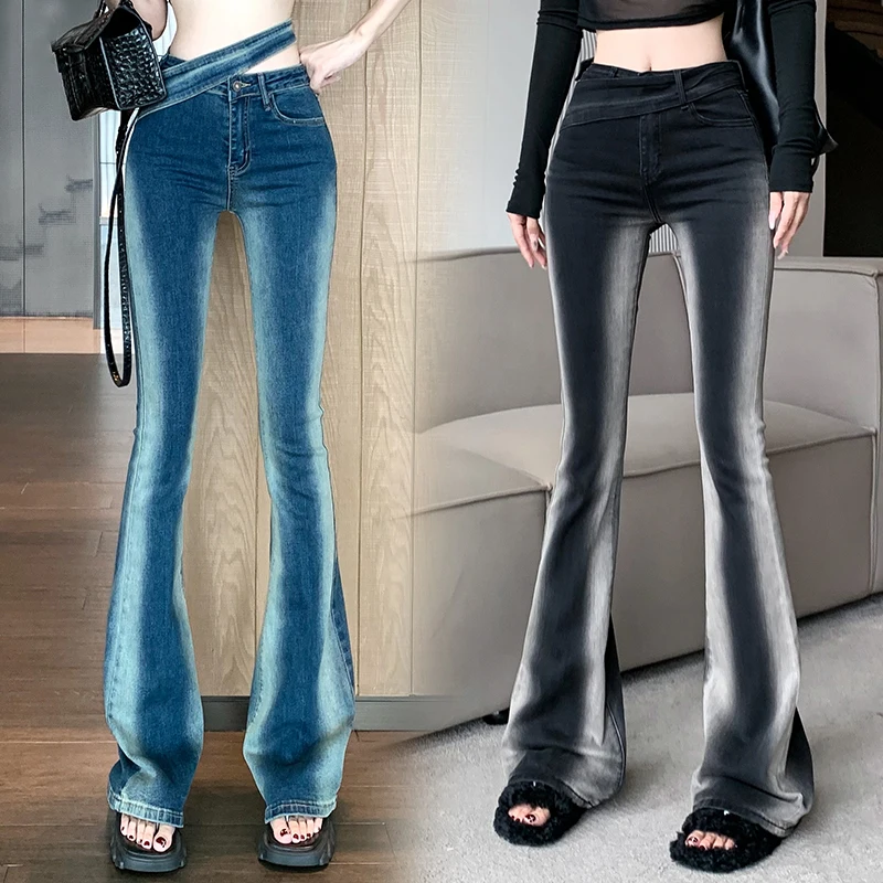 Gradient Color Flare Jeans For Women Spring Summer Chic Irregular Waist Skinny Leggy Boot Cut Denim Pants Lady High Street Jeans