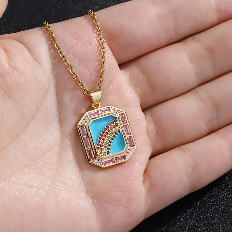 

WANGAIYAO new fashion temperament geometric necklace men and women temperament copper drip oil inlaid zircon rainbow pendant jew