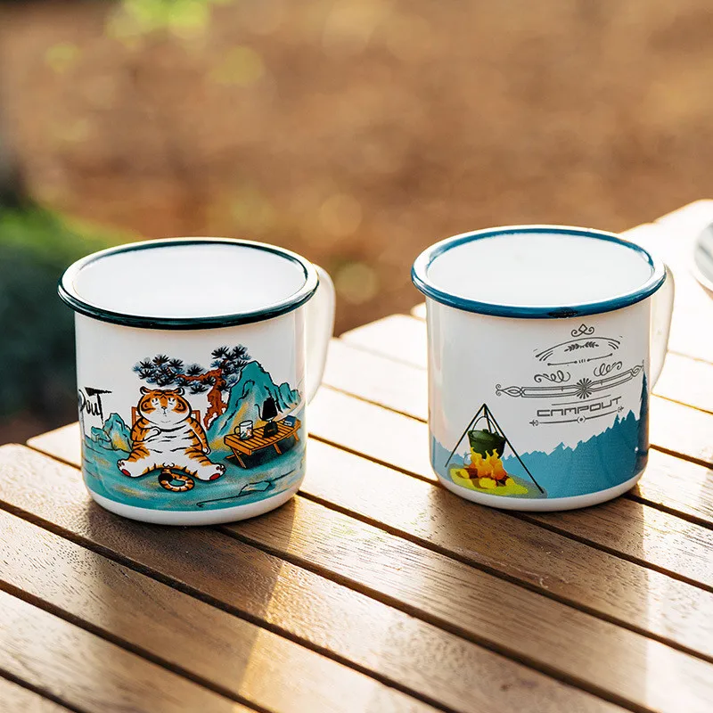 Mountain Camping Adventure Print Enamel Creative Coffee Water Milk Cups  Camping Mugs Handle Drinkware Vacation Hiking