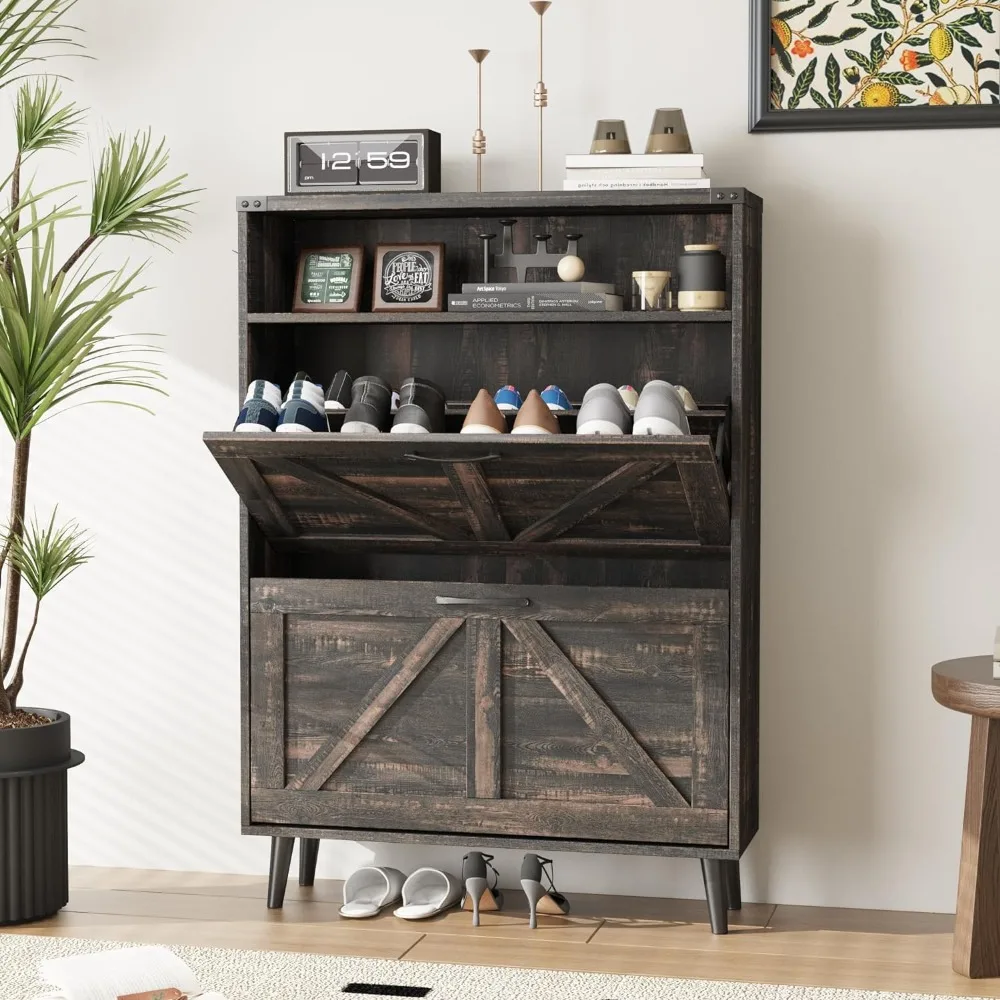 

Shoe Cabinets, Furniture Living Room, With 2 Flip Drawers, With Open Storage,Narrow Farmhouse Shoe Rack With Legs, Cabinet