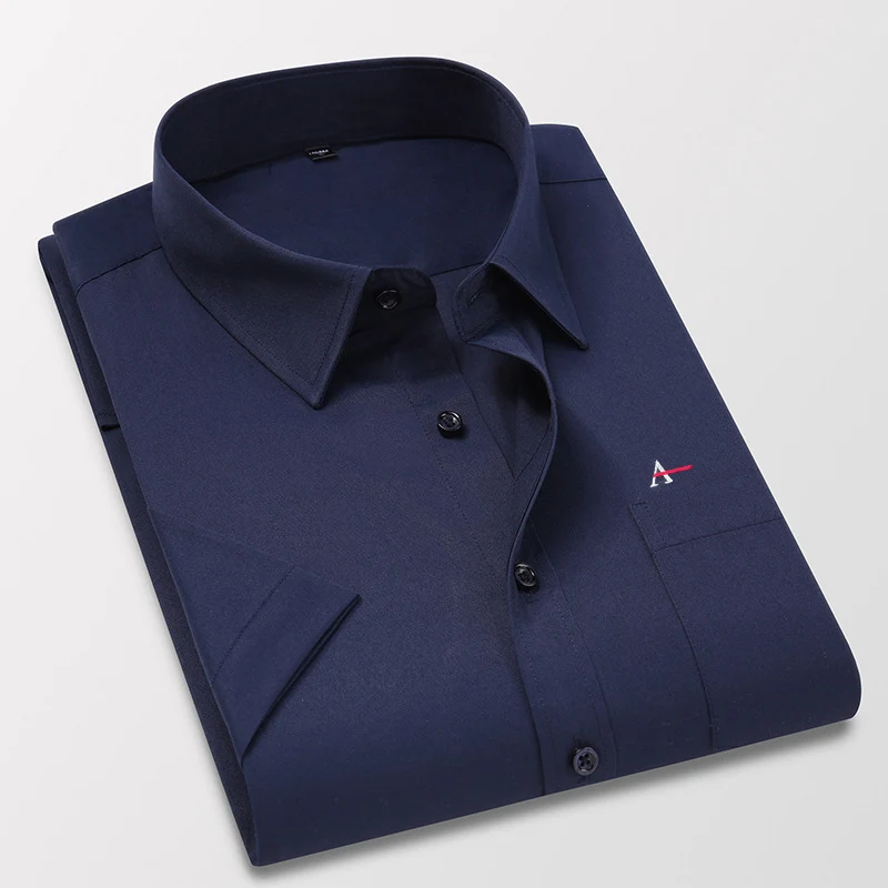 2022 Camisa social masculina listrada de manga curta, camisa de colarinho quadrado sem ferro com bolso antirrugas para homens