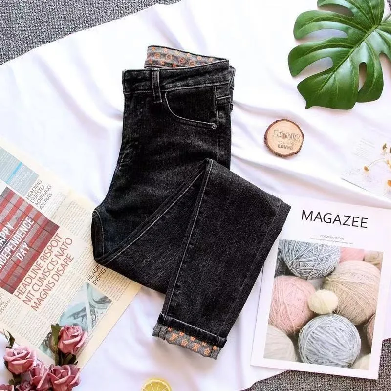 2023 New Summer Black Grey Jeans Women Slim-fit Pants Tight Elastic Pencil Trousers Slim High Waist Flanging Bottoms