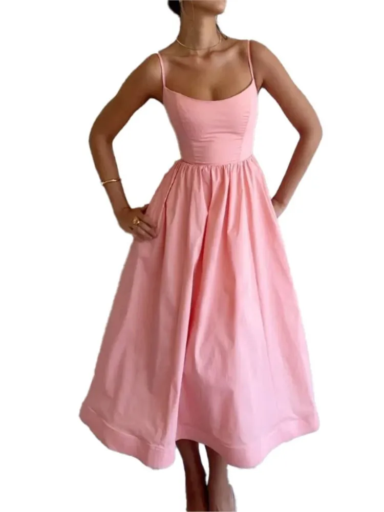 Sexy Solid Spaghetti Strap A-line Maxi Dresses Women Low Cut Sleeveless Big Skirt Dress Summer New Fashion Elegant Party Vestido