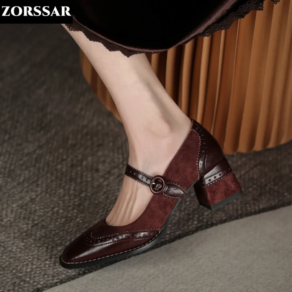 

New 2024 Women Patchwork Pumps Round Toe 5.5cm Thick Heels Mary Jane Shoes Brogue Student Carved Retro Lace-Up Classic Spring