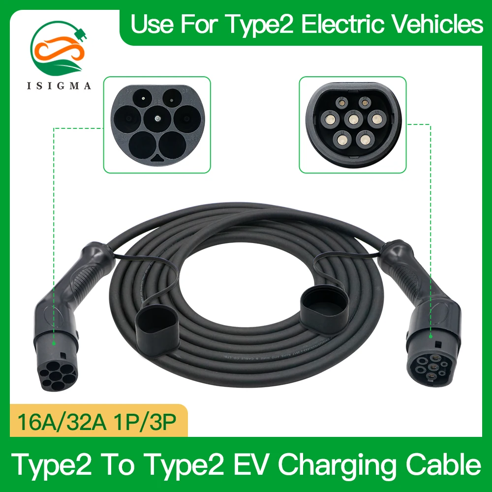 

ISIGMA Female to Male Plug IEC 62196-2 Type2 to Type2 EV Charging Cable 16A 32A 7.2kw 22KW 1/3Phase for EVS Charging Type 2