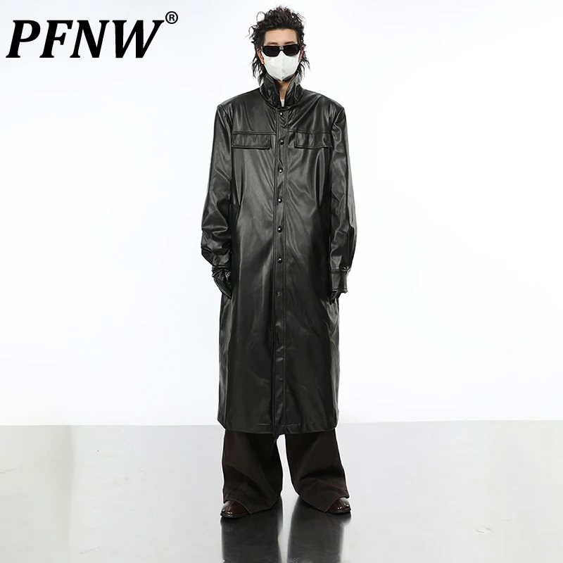 

PFNW American Stylish Men's Leather Trench Coats Solid Color Male High Street Long Jackets Niche Design 2023 Autumn New 28W1681