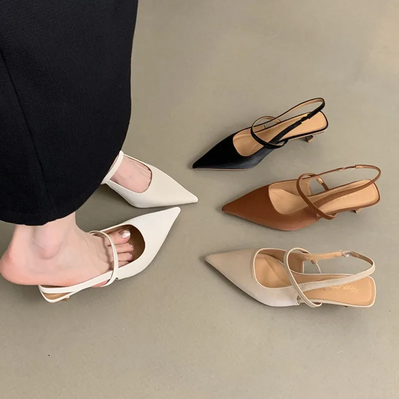 Women White Sandal Fashion Pointed Toe Shallow Slip On Slingback Shoes Thin Med Heel Outdoor Dress Muler