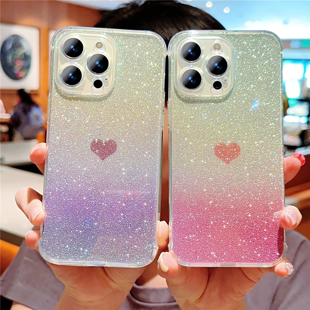 Glitter Love Heart Phone Case For iPhone 11 12 13 14 15 Pro Mini X XS Max XR 7 8 Plus Shockproof Soft Gradient Laser_voghion.com