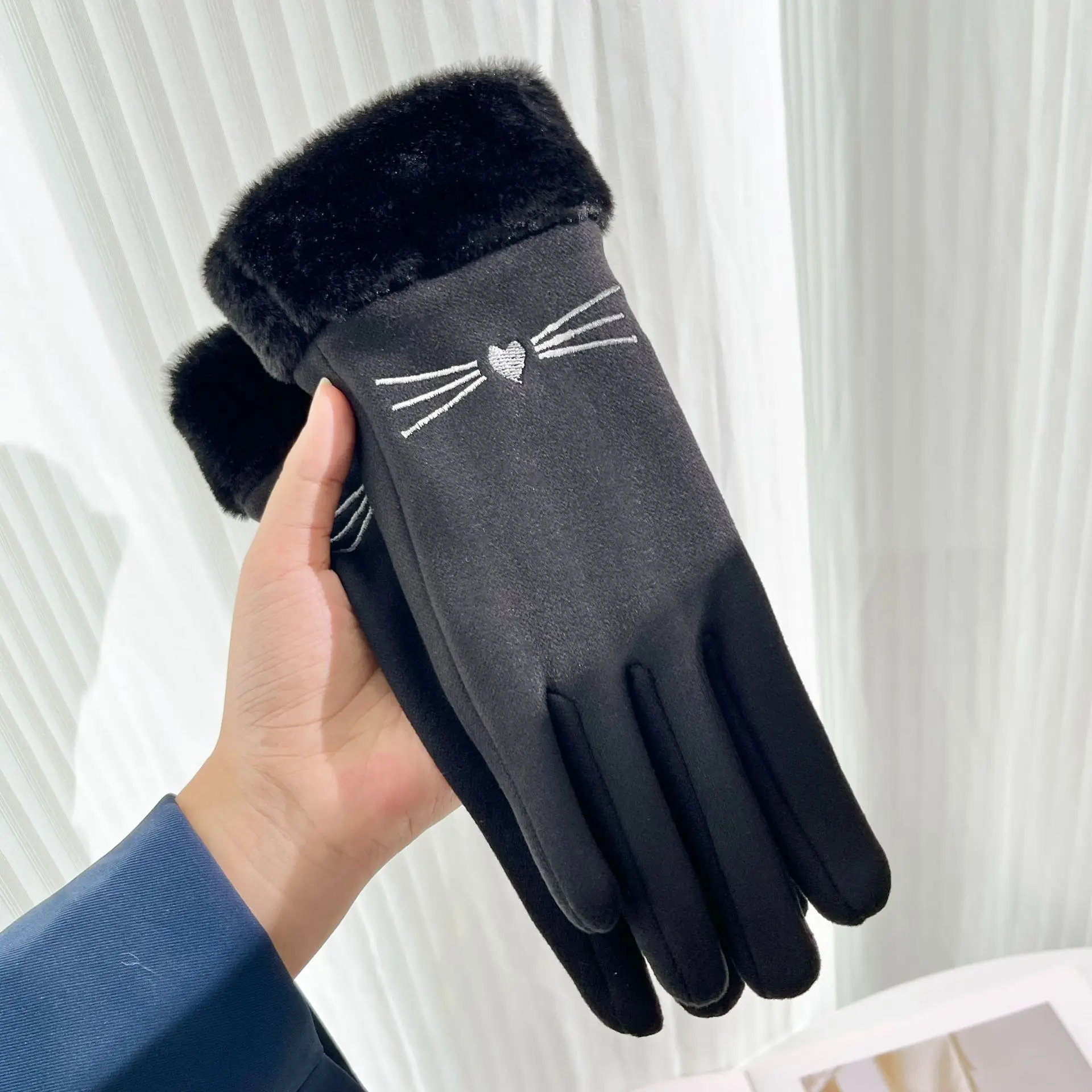 1 par de guantes de invierno para mujer, guantes cálidos de cachemir de cuero de gamuza para ciclismo, guantes de conducción con pantalla táctil de felpa de terciopelo grueso para mujer