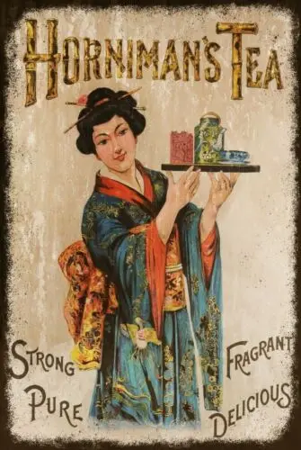 Signo de Metal de estilo Retro Vintage de aspecto envejecido para mujer, anuncio de té japonés de Horniman