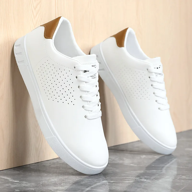Mens White Breathable Perforated Casual Sneakers Lace Up Shoes Image 1
