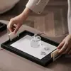 Black/Beige Woven Leather Storage Tray Handmade Rectangle Leather Wooden Tray with Handle Cake Fruit Dessert Tray Water Cup 4