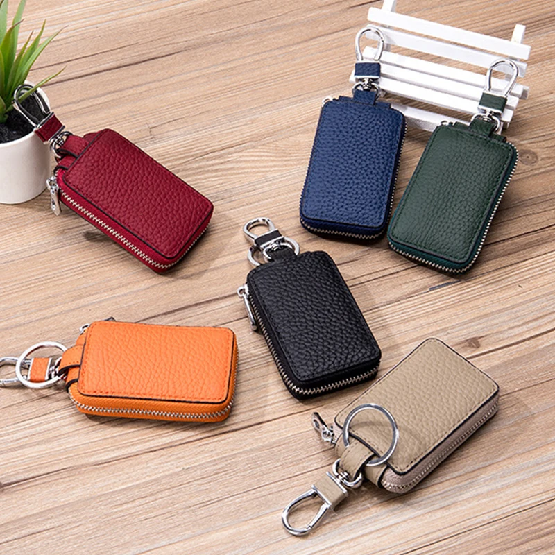 Fashion Genuine Leather Women Key Case Wallet Men Car Keychain Case New Orange Key Pouch Bag Zipper Key Holder Wallet Versatile