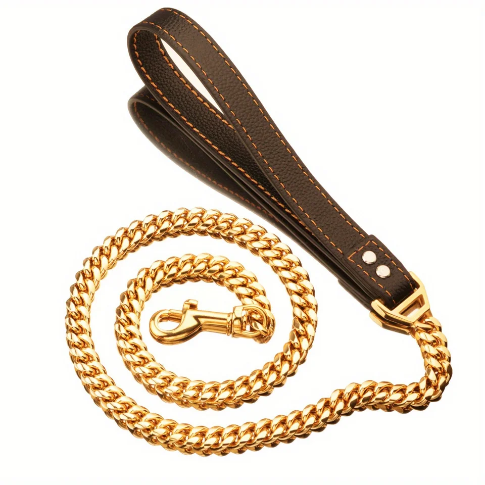 Leather Handle Dog Leash with Gold Stainless Steel Chain