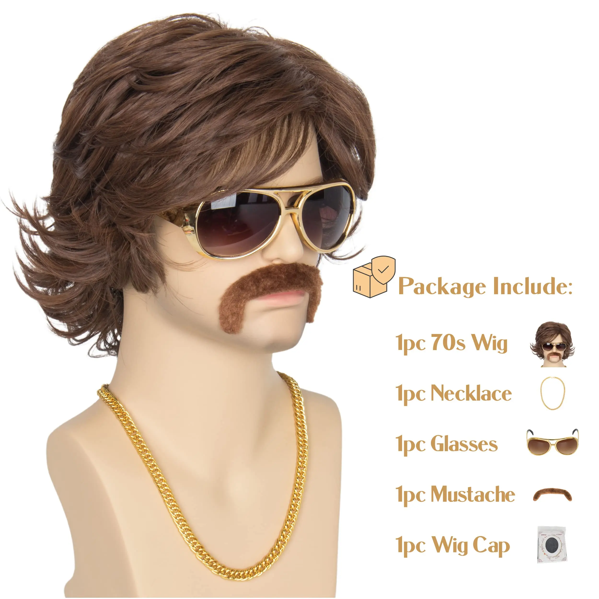 

Мужской качающийся парик 70-х, короткий волнистый коричневый парик, женский парик для косплея с ретро-стеклом и ожерельем