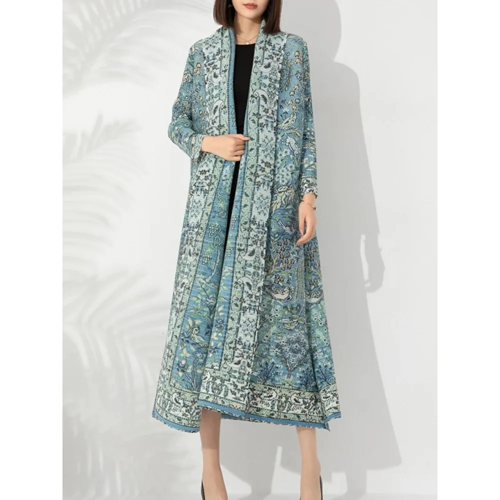 

Miyake Original Vintage Print Pleated Long Windbreaker Women Scarf Collar Loose Cardigan Fashion 2023 Autumn New Clothing