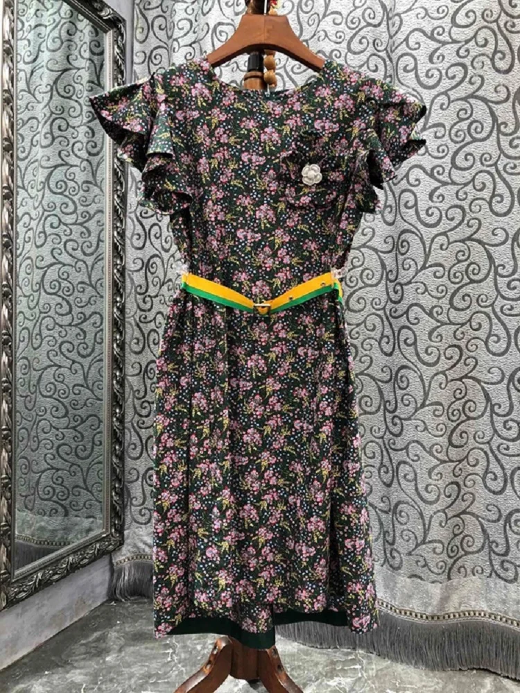 

Latest Fashion Dress 2022 Summer Clothes Women Elegant Little Floral Prints Ruffle Flower Belt Deco Short Sleeve Vintage Dress